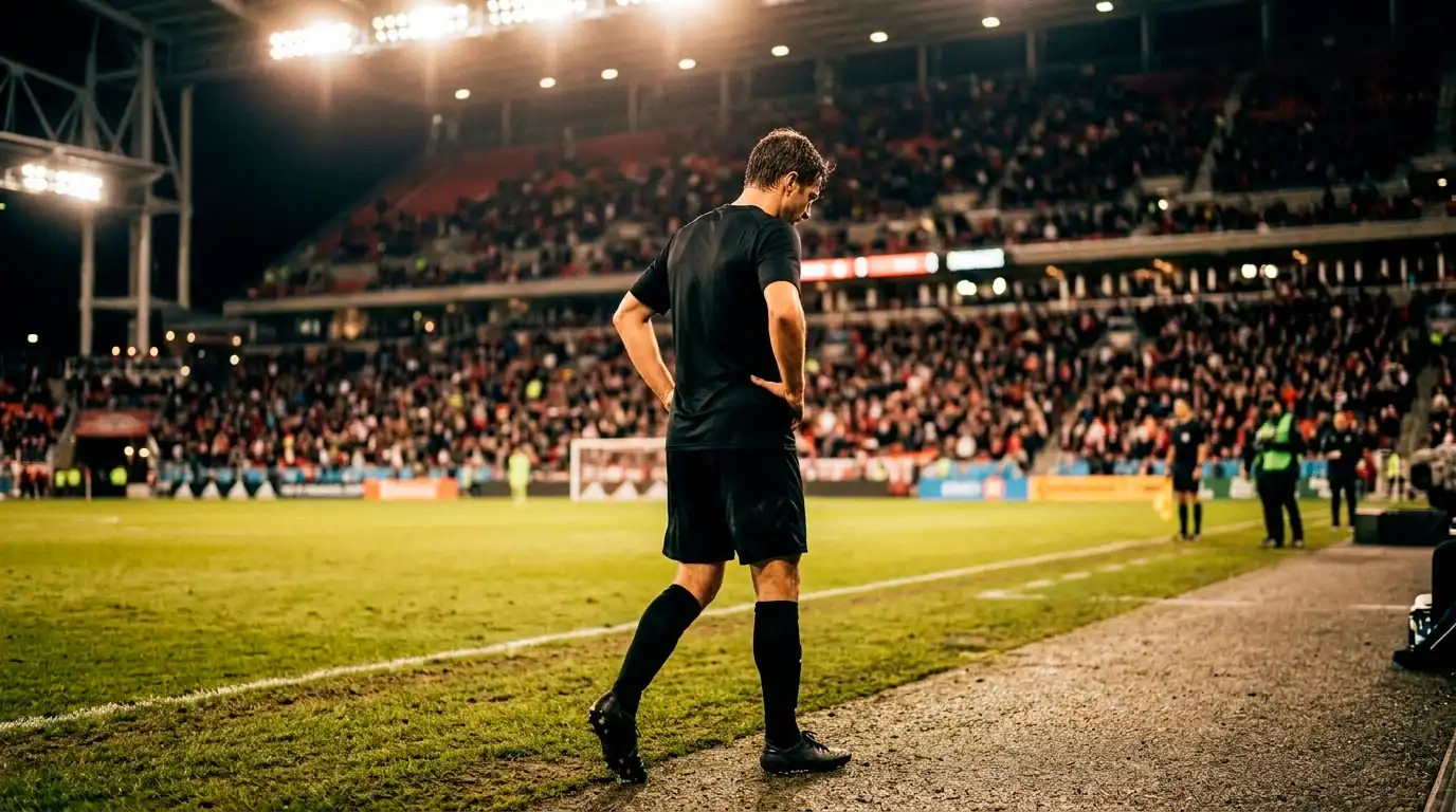A weary footballer in a black All Whites jersey leaving a North American stadium pitch under floodlights, head bowed, supporters in the background