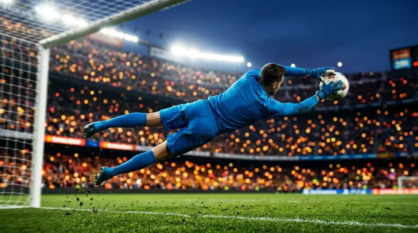 A goalkeeper in mid-dive making a save under floodlights, an island-blue kit against a packed Miami stadium backdrop at dusk