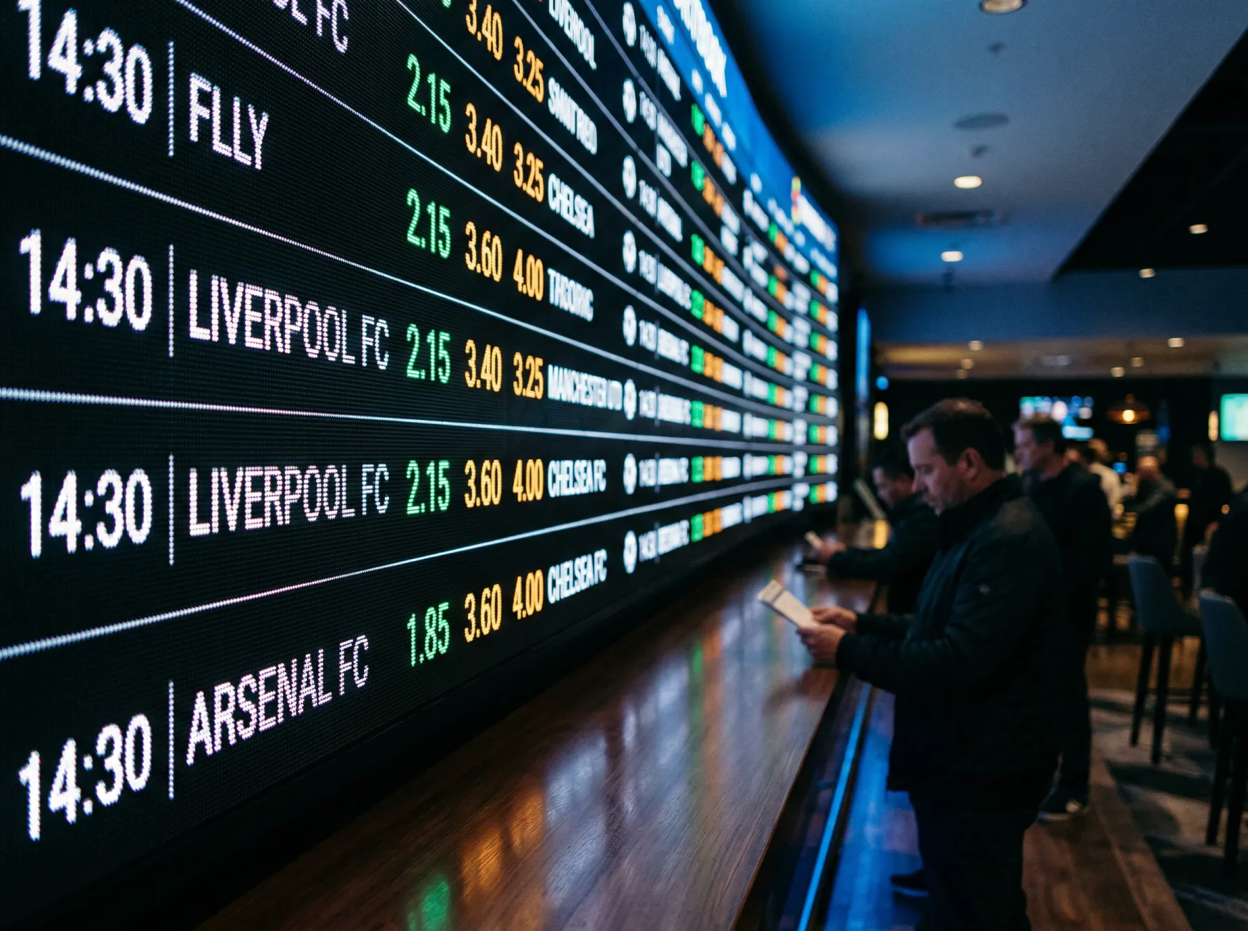 Close-up of a digital odds display board showing decimal World Cup match odds at a sportsbook