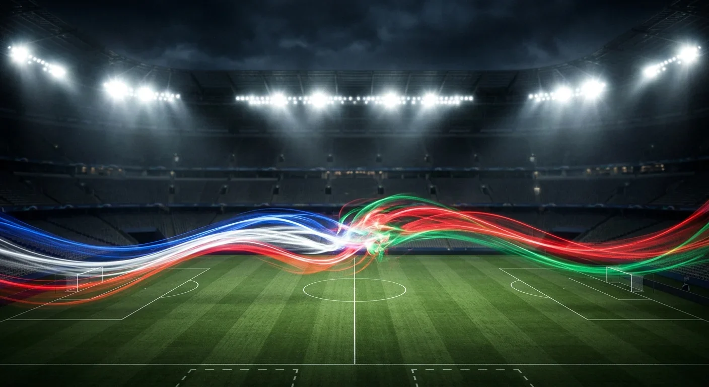Two sets of national-colour light trails, blue and red-green, clashing over a floodlit stadium pitch at night, dramatic sky
