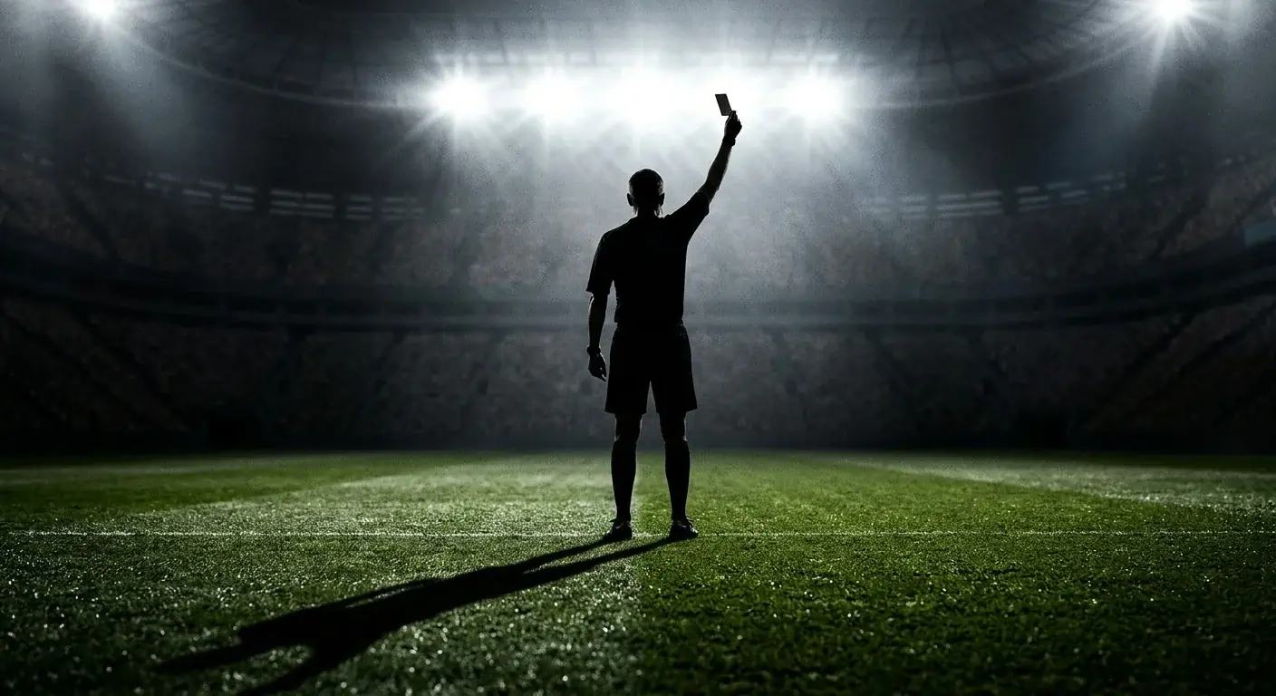 A lone referee silhouette holding up a card under harsh floodlights in a darkened stadium, dramatic long shadow across the pitch, tense atmosphere