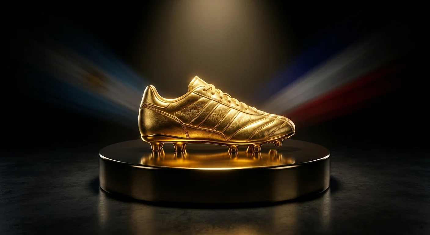 A single glowing golden football boot on a dark pedestal, spotlit from above, faint national-colour light streaks radiating outward, dramatic shadows