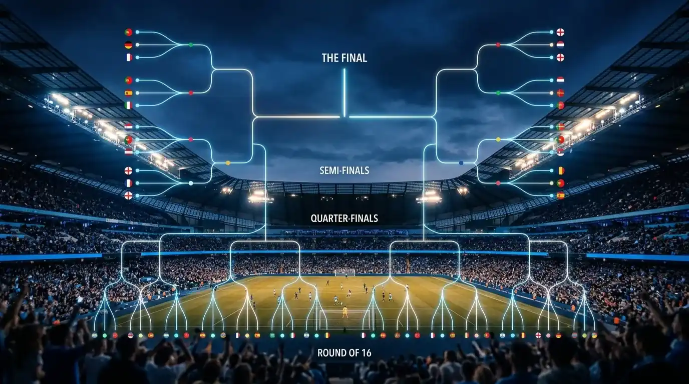 A knockout bracket motif rendered as glowing lines over a darkened stadium, national colours dotted along the branches, floodlights above