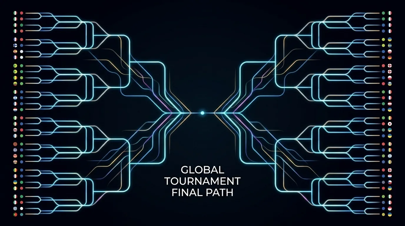 A clean tournament-bracket graphic motif with glowing connector lines on a dark background, national-colour accent dots, no text