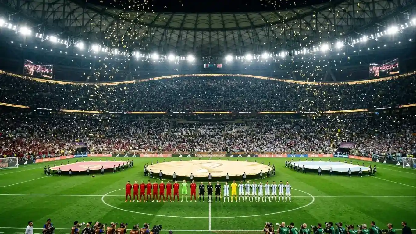 Two national teams lined up at the centre circle of a packed floodlit stadium before a final, golden confetti in the air