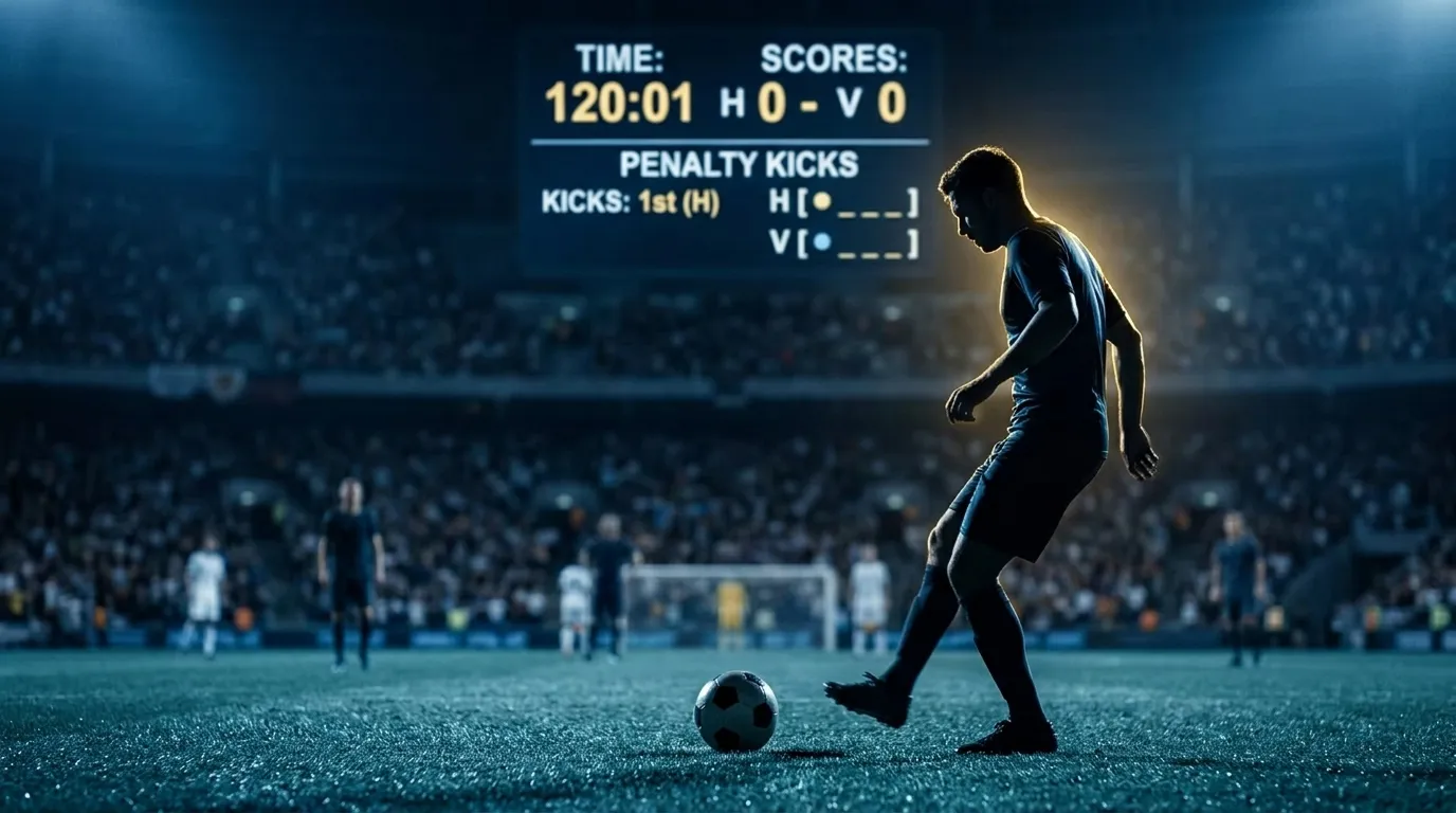 A penalty spot in sharp focus on a floodlit pitch late at night, a lone player silhouetted stepping up to take it, a giant scoreboard clock glowing past 120 minutes behind