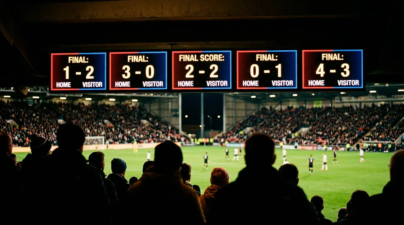 A row of football scoreboards lit up at night with assorted final scores, blurred crowd silhouettes in front