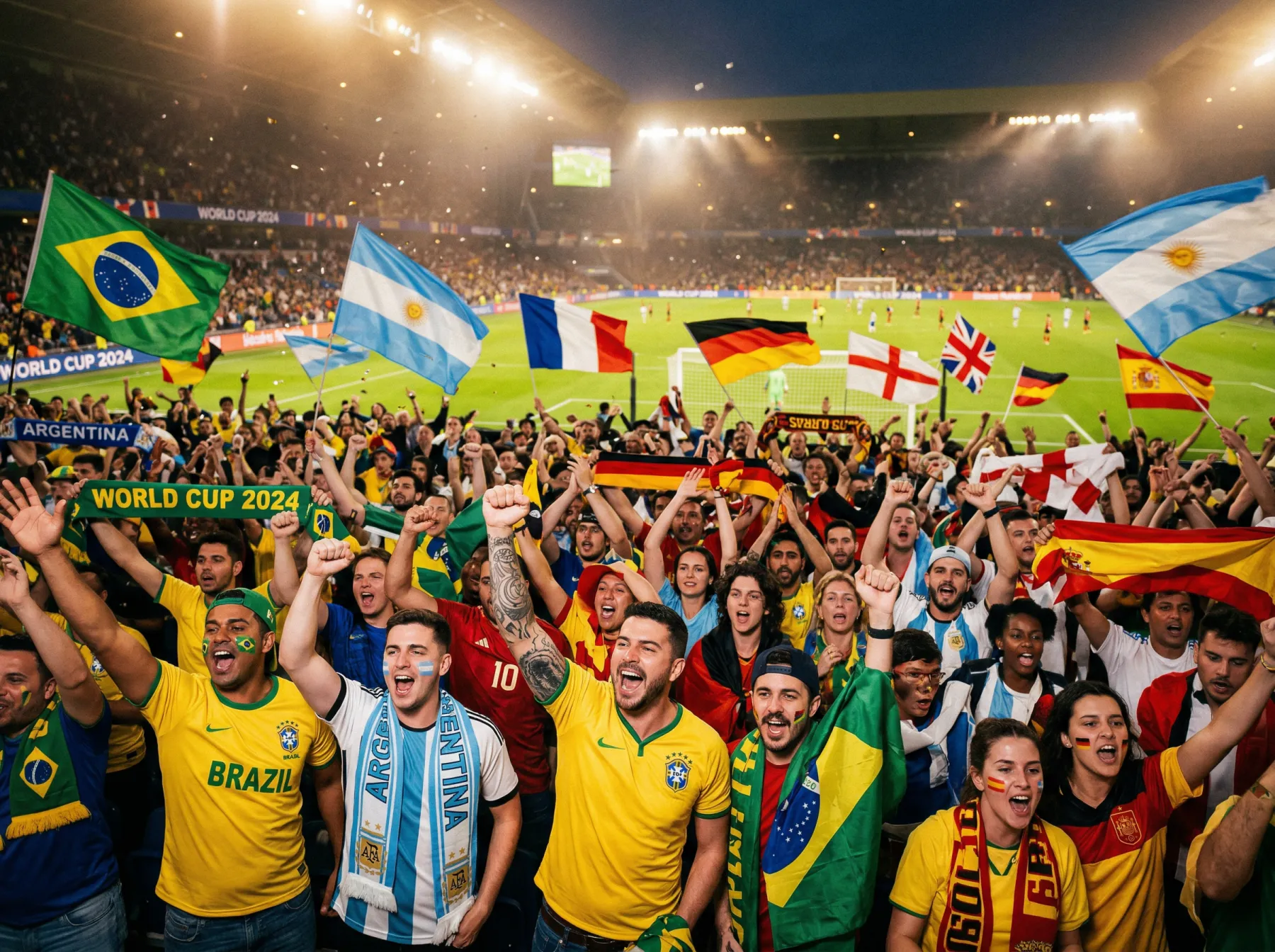Enthusiastic football fans waving national flags in a packed stadium during a dramatic World Cup group stage match