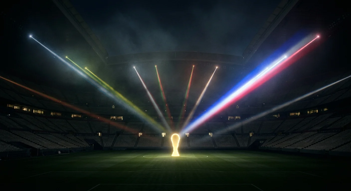A darkened stadium with a glowing trophy silhouette centre-frame, eight faint national-colour light beams of varying brightness converging toward it, one beam clearly brightest