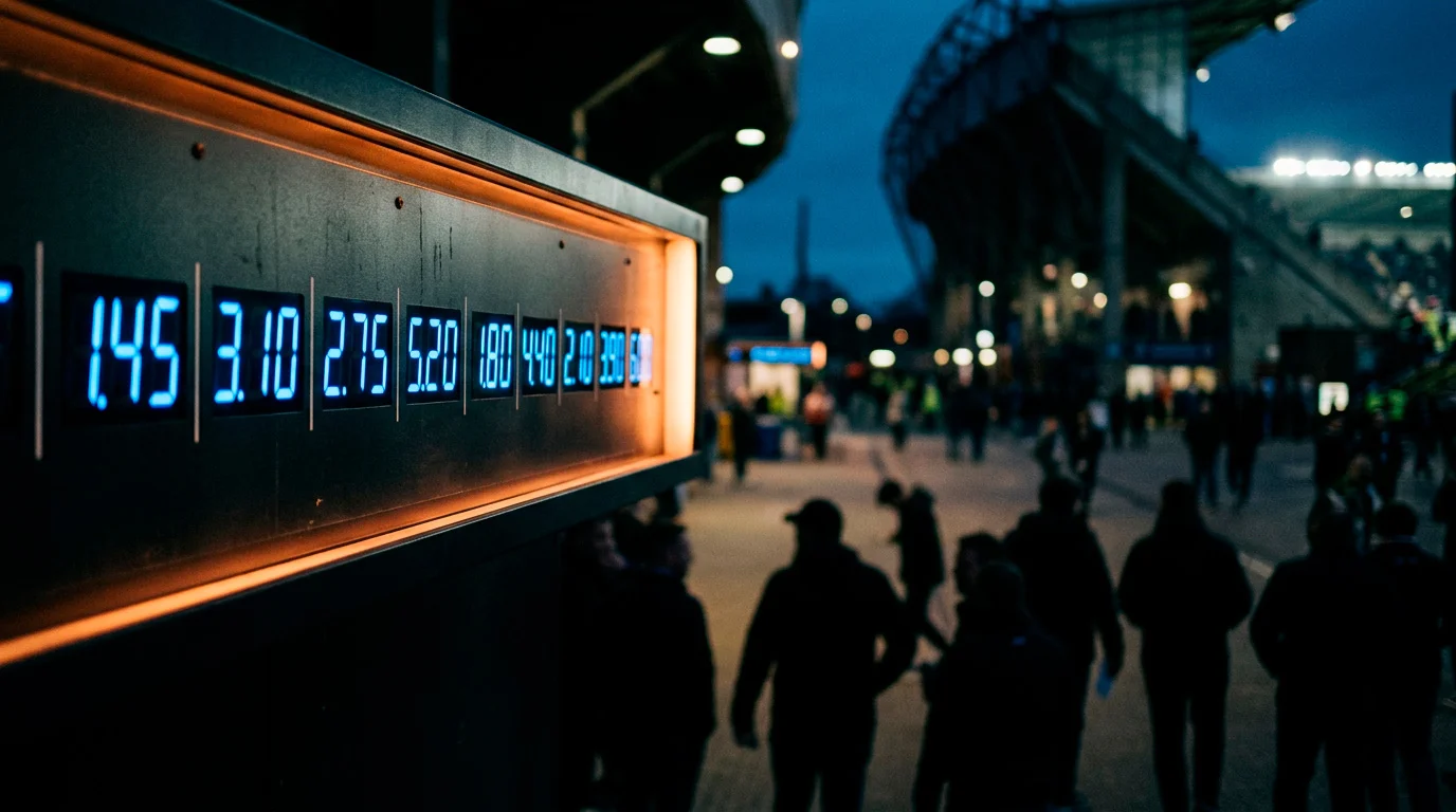 A stylised editorial photograph of a betting board display showing assorted decimal odds in low evening light, blurred fans in front