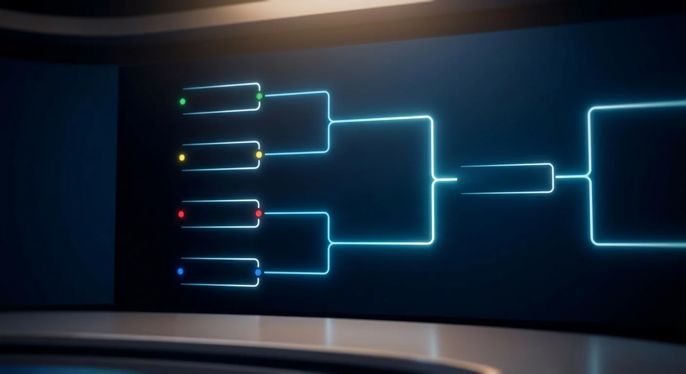 A four-way bracket motif with glowing connector lines on a dark background, national-colour accent dots at four match nodes, floodlights above