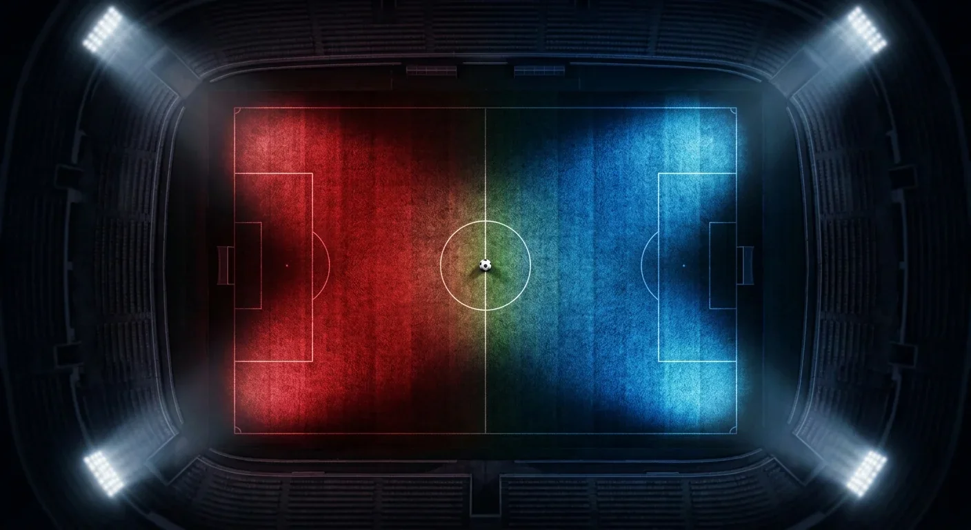 A stylised football pitch seen from above at night, split into two glowing halves in contrasting national colours, a single ball on the centre spot, dramatic floodlight pools