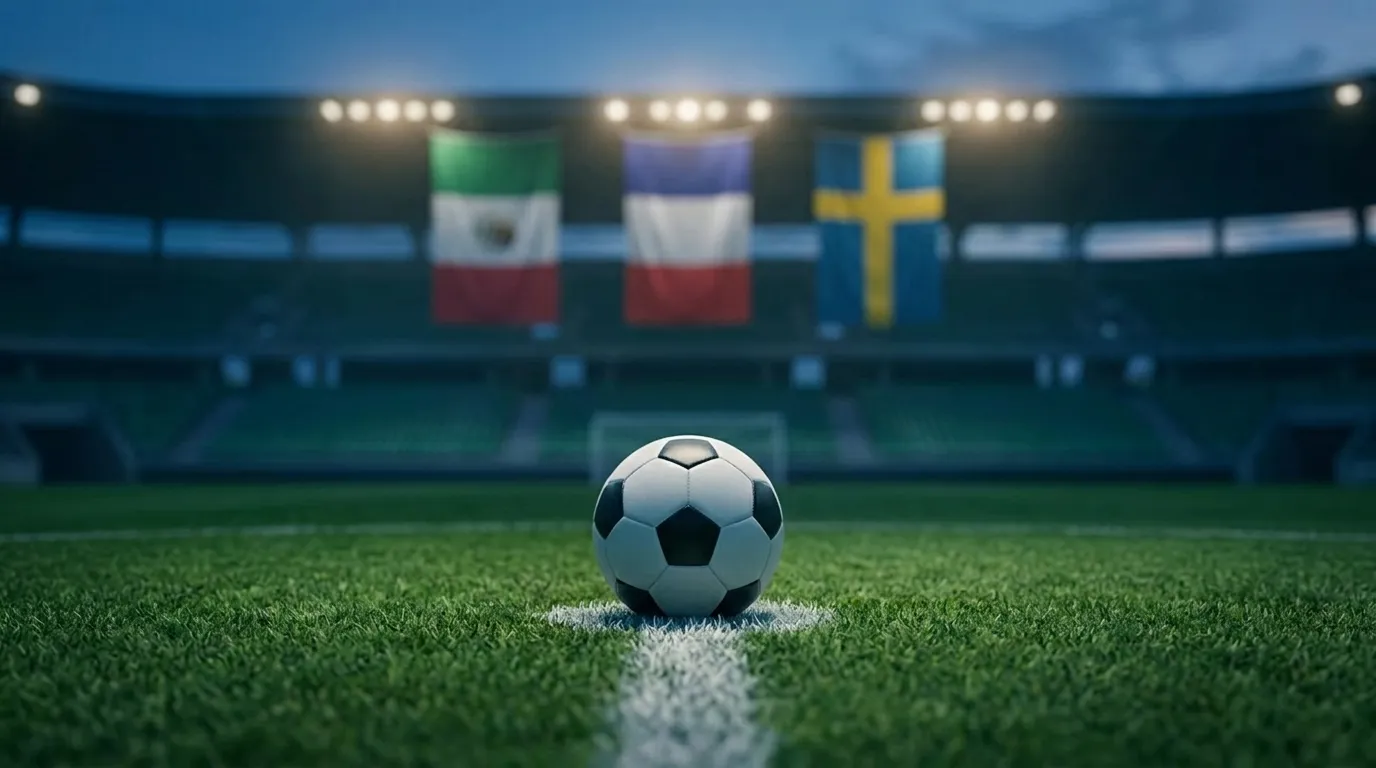 Three national-team flags blurred behind a floodlit knockout-stage pitch at dusk, a lone football on the centre spot in sharp focus