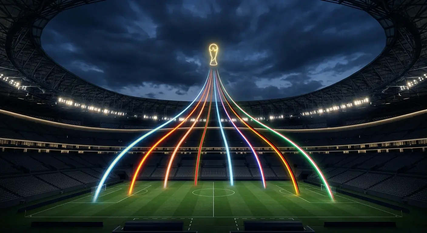 A darkened stadium at dusk with eight national-colour light trails converging toward a single trophy silhouette, floodlights above